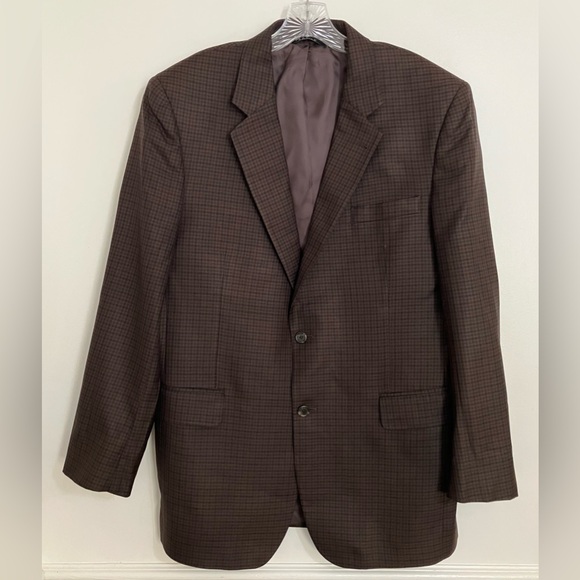 JOS A BANK Mens Sport Coat Blazer Two Button Brown Black Plaid Wool Silk 42L